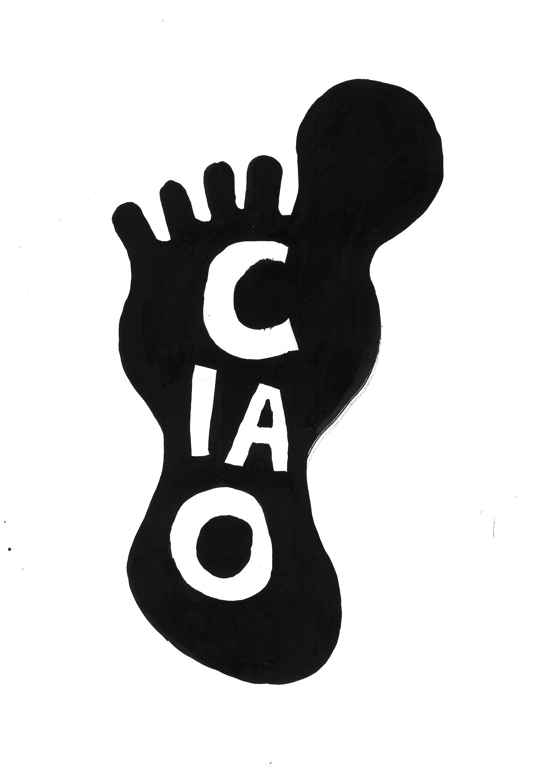 Schwarz-weiße Tuschezeichnung von Sebastian Haslauer: ein schwarzer Fußabdruck mit ausgesparten weißen Buchstaben „CIAO“