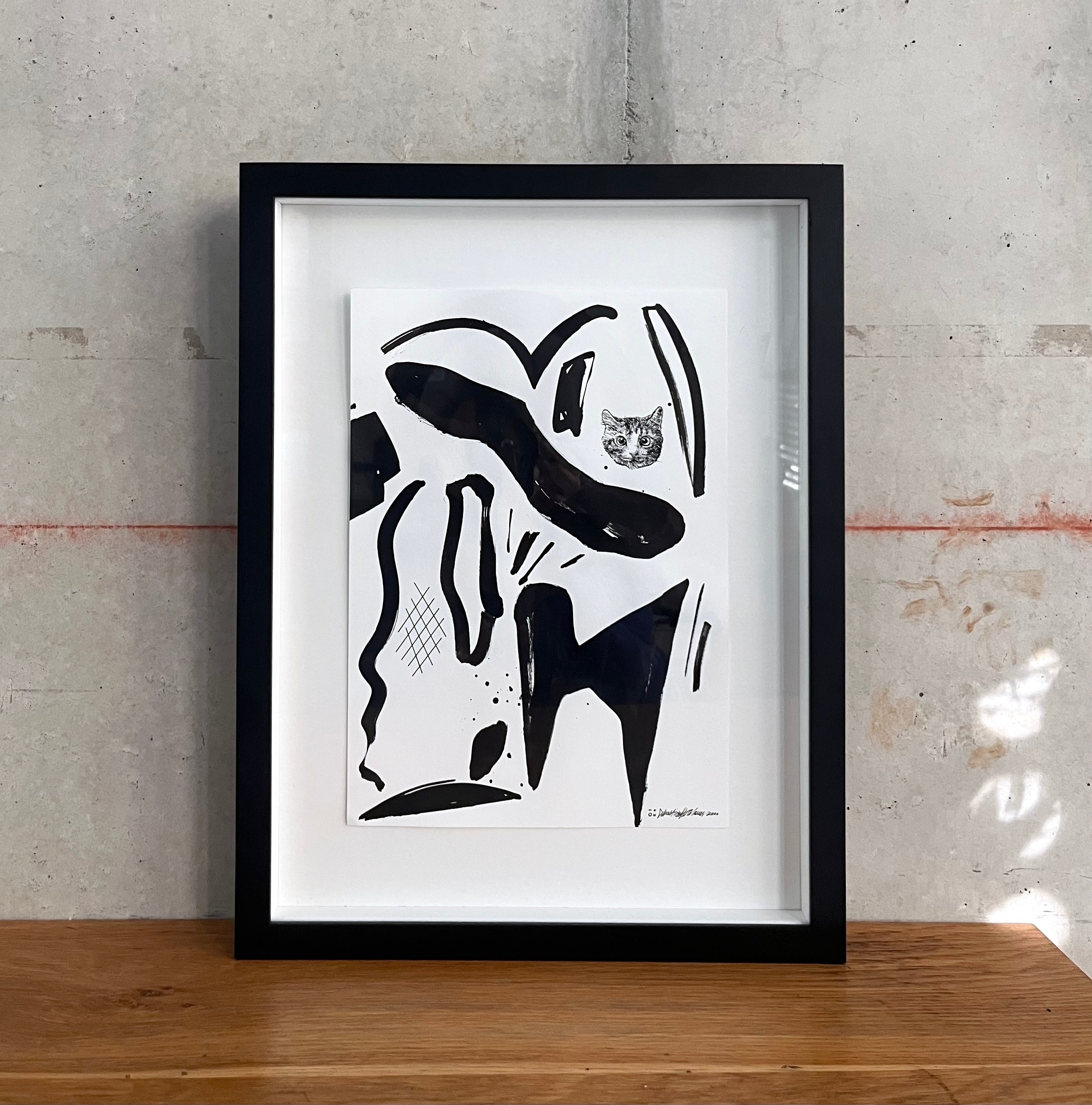 Haslauer Zeichnung Meow gerahmt