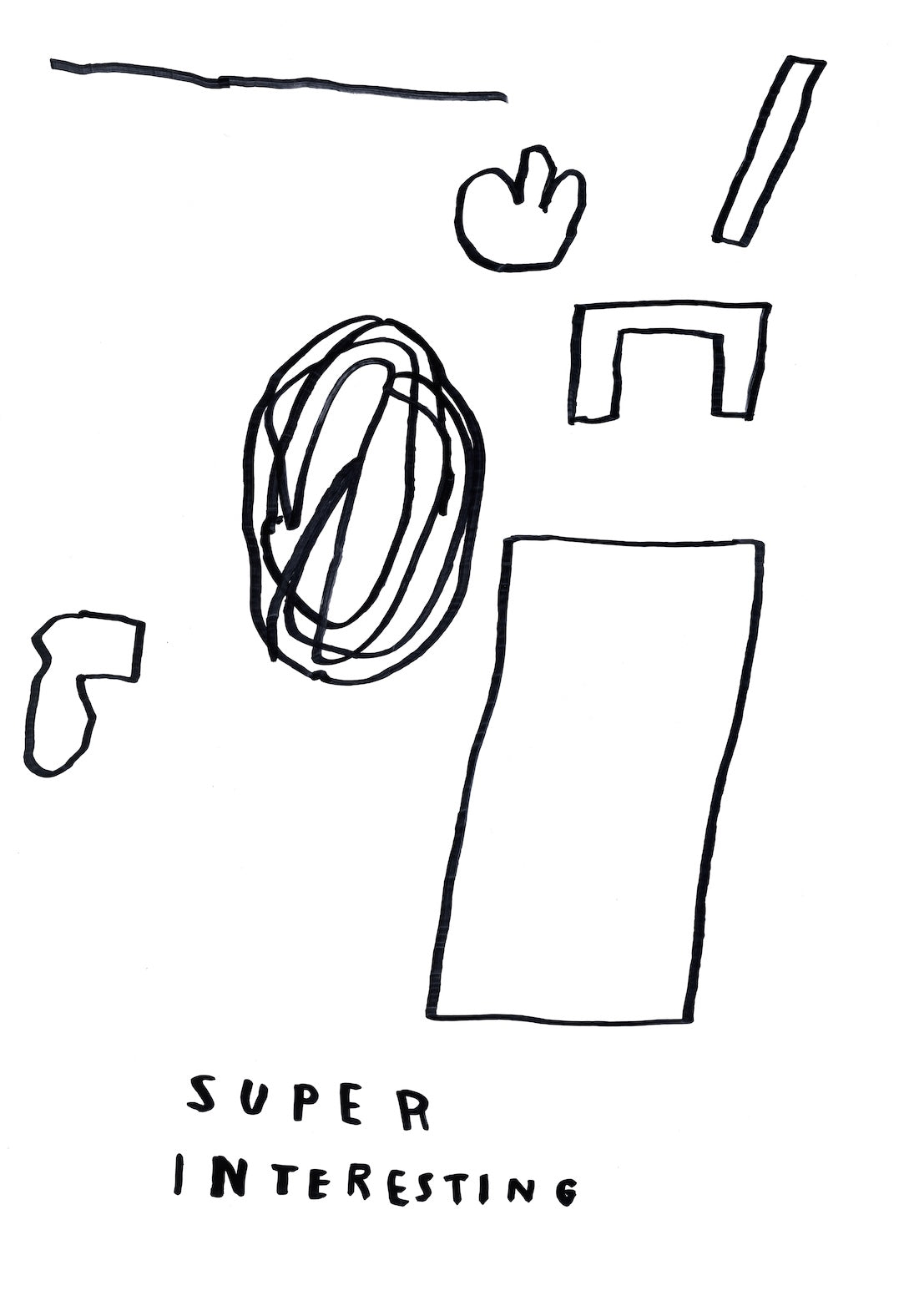 Schwarz-weiße Tuschezeichnung von Sebastian Haslauer: locker verteilte abstrakte Formen – ein wirbelndes Oval, ein großes Rechteck, kleine Rundungen und eine Linie –, darunter der Schriftzug „Super Interesting“ (Vorderseite)