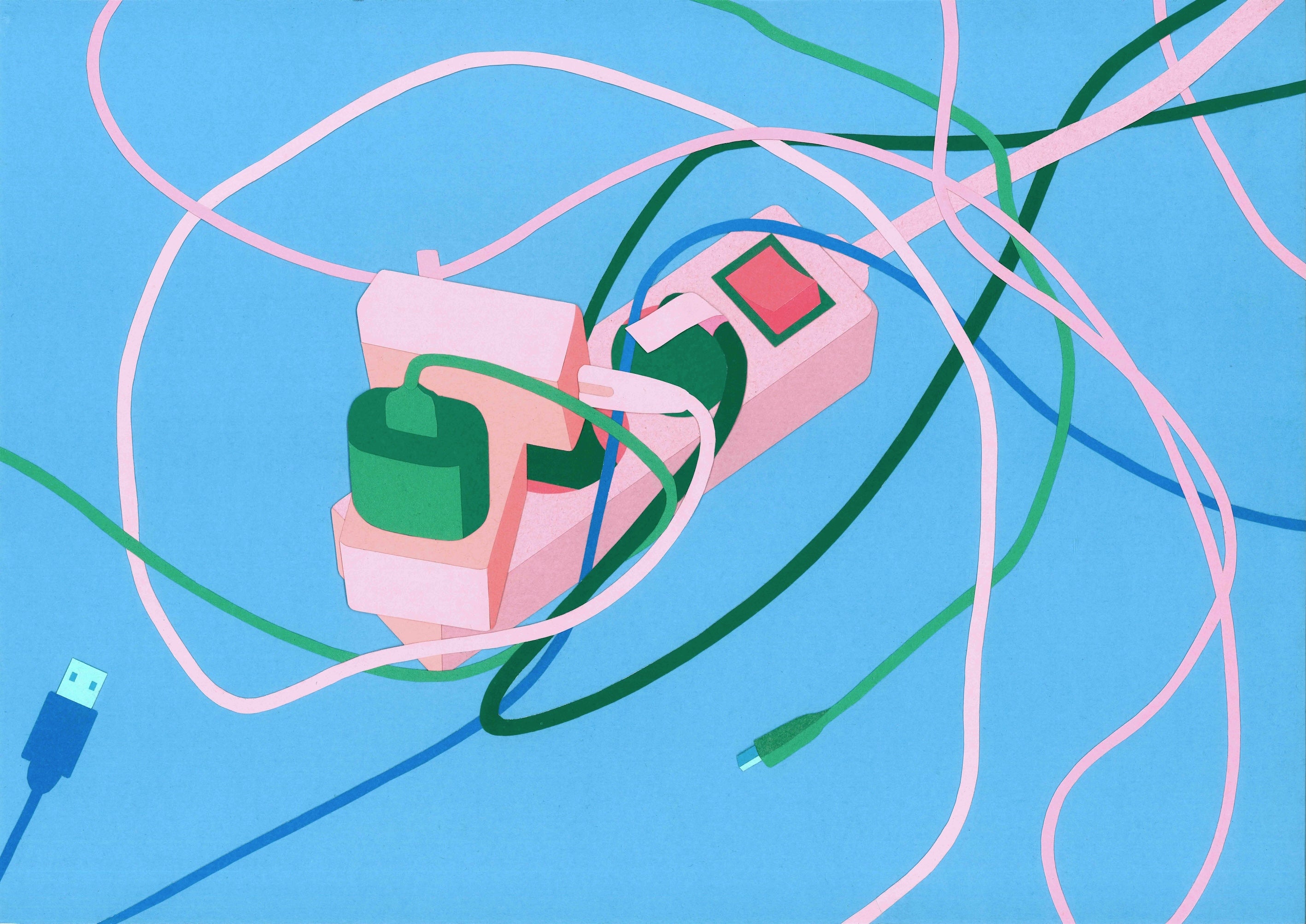 Auf dem Bild ist vor einem intensiv-blauen Hintergrund eine rosa Mehrfachsteckose abgebildet mit einem Kabelgewirr aus grün und rosa sowie mehreren Steckern. Alle Elemente sind dreidimensional abgebildet, etwa durch verschiedene Farbtöne.  