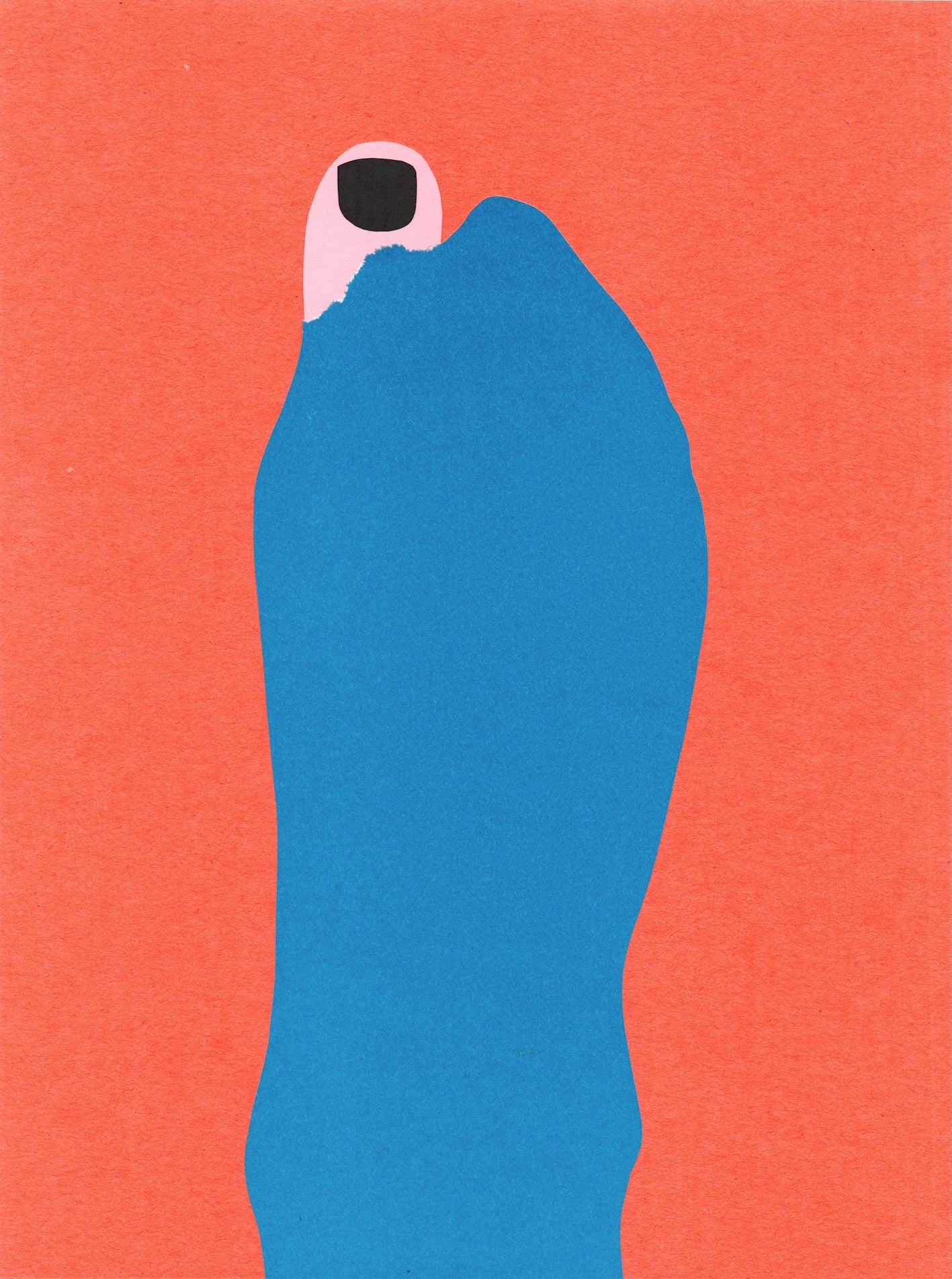 Die Papiercollage hat einen orangenen Hintergrund, davor ist ein Damenfuß in einer blauen Socke zu sehen. Am großen Zeh ist die Socke aufgerissen, und ein schwarz lackierter Zeh schaut heraus. 