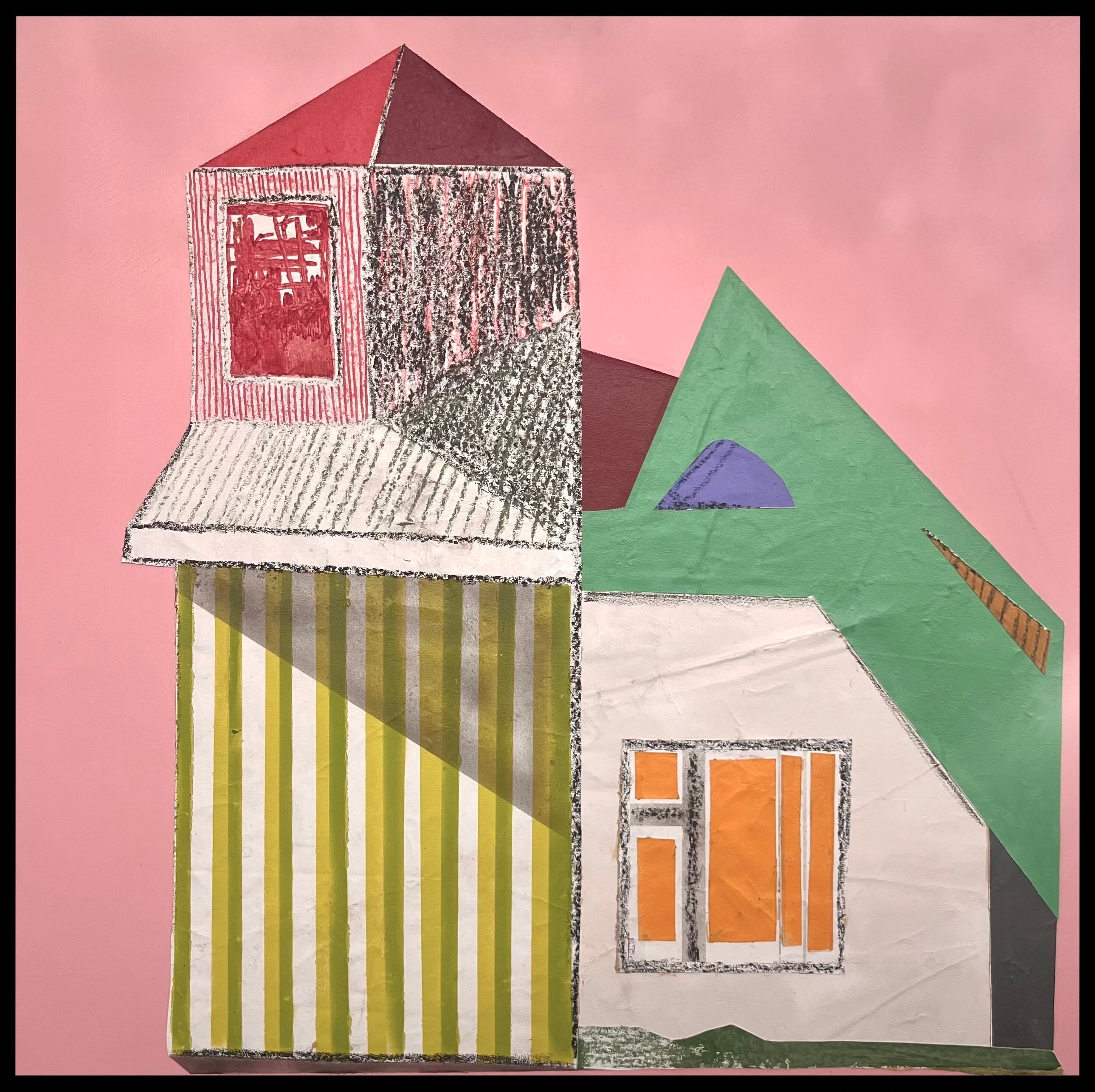 Auf diesem Gemälde ist auf glattem rosa Hintergrund ein Haus zu sehen. Es besteht aus mehreren Teilen, auf der einen Hälfte sitzt ein Türmchen mit mehreren Ecken drauf. Die andere Hälfte hat nur ein Geschoss und ist mit einem grünen Dach gedeckt. 