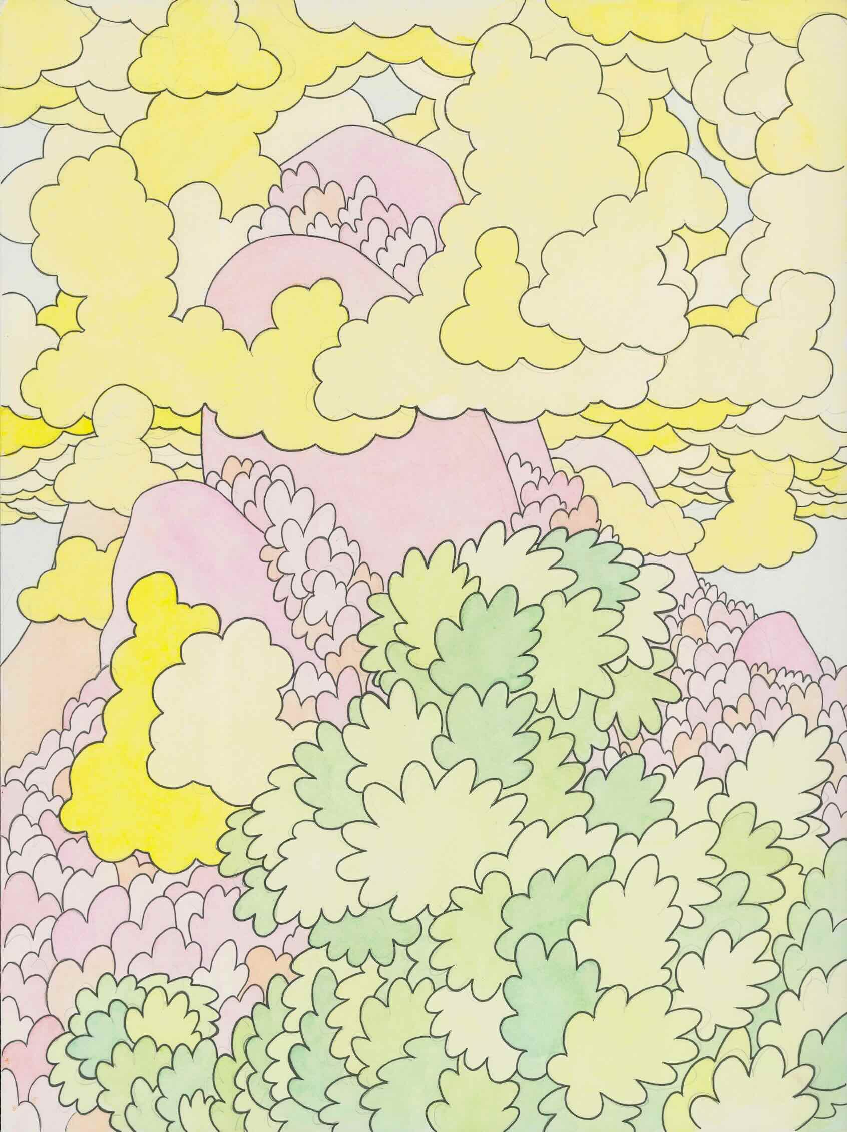 In einer surrealen Landschaft türmen sich im Vordergrund Büsche und Bäume auf. Dahinter sind eine Vielzahl rosafarbener organischer Formen zu sehen, die schließlich in spitz-runde rosa Felsen münden. Darüber bilden gelbe Wolken einen vollen Himmel  