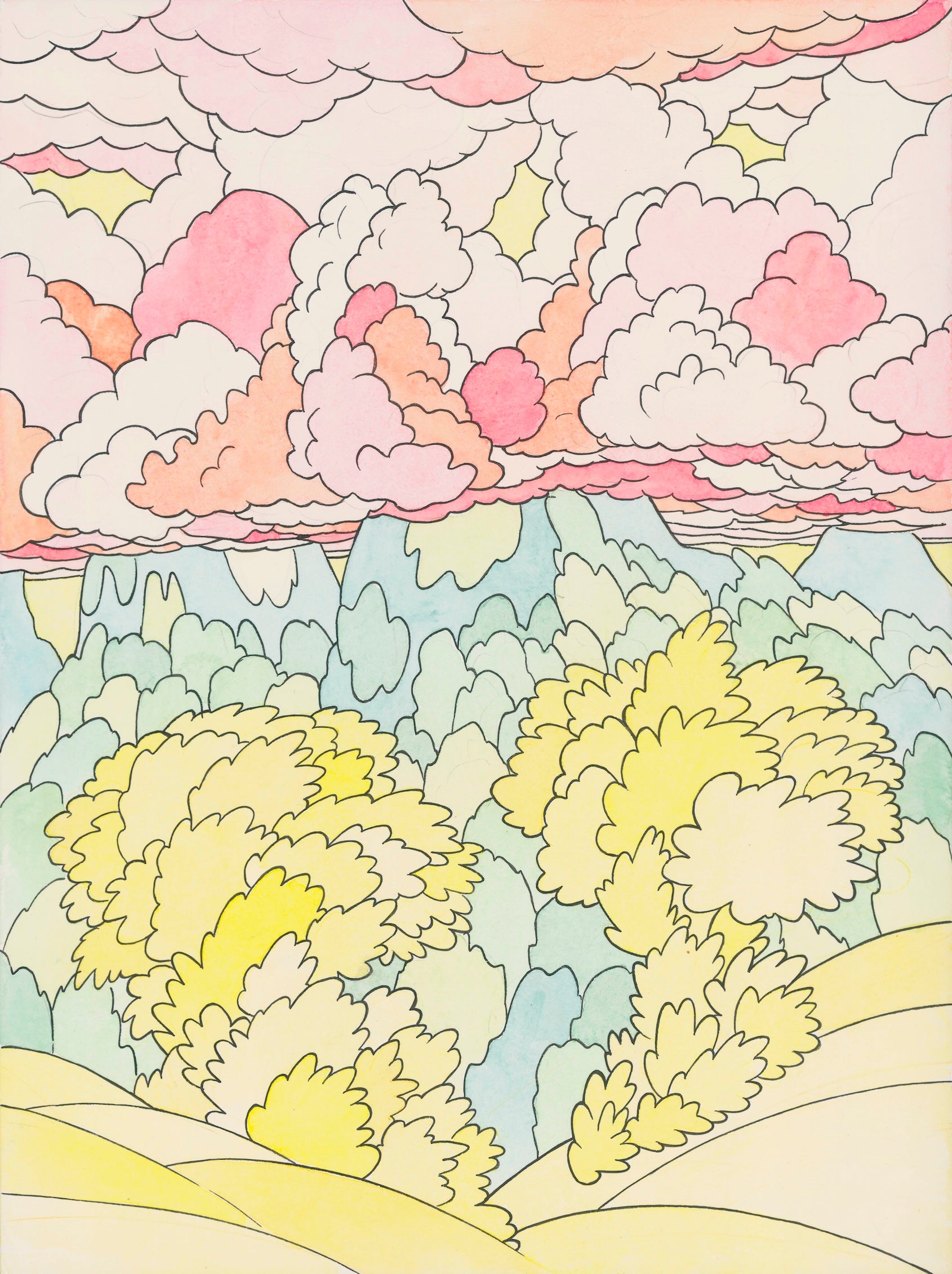 eine surreale Landschaft zeigt im Vordergrund einige gelbe Hügel und darüber gelbe Büsche. Dahinter türmen sich blaue Hügel unter rosafarbenen Wolkenformationen auf.  