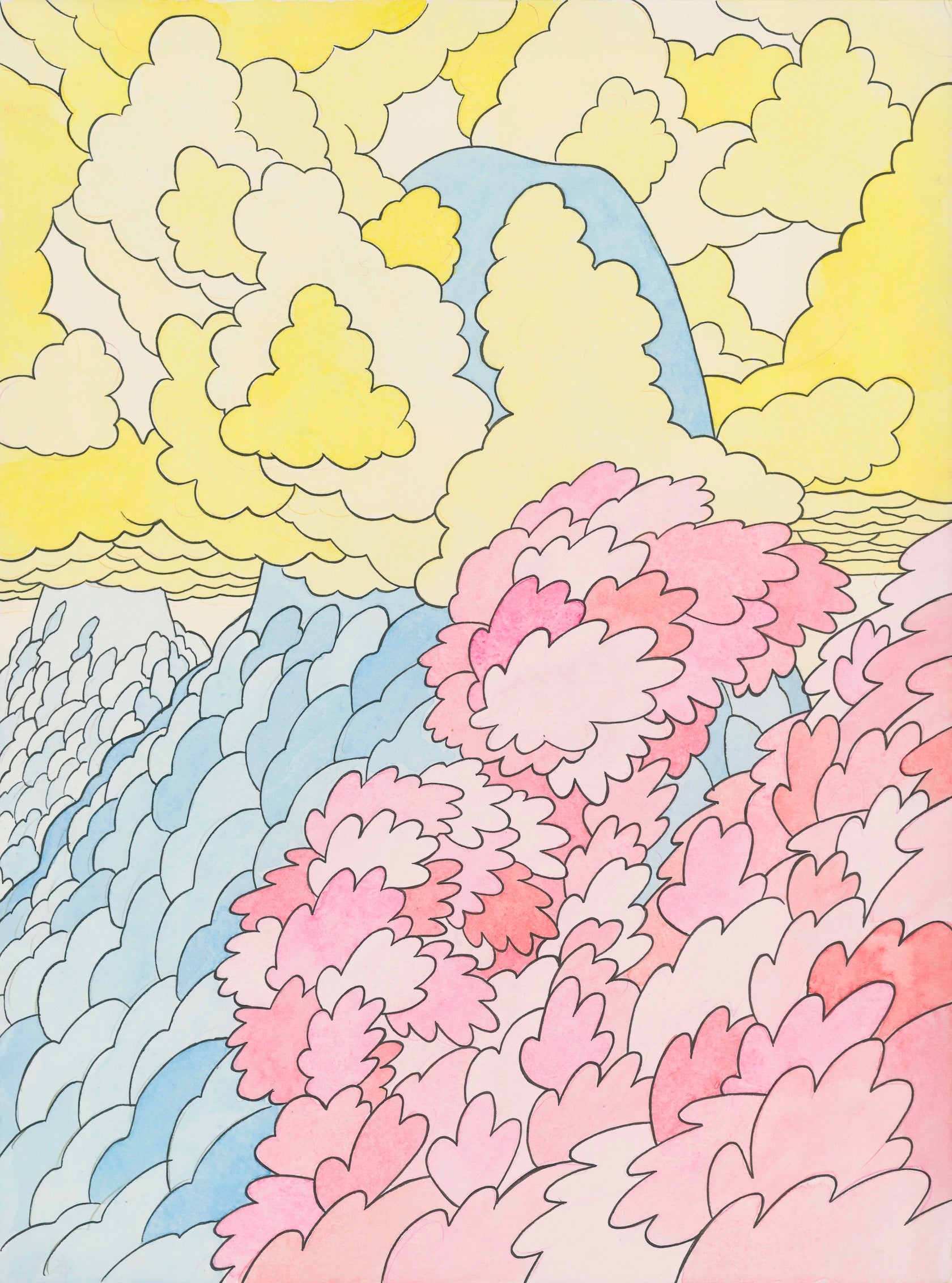 In dieser surrealen Landschaft bilden rote Pflanzenstrukturen den Vordergrund. In der Mitte ragt ein runder blauer Felsen steil in einen Himmel, der von gelben Wolken vollständig gefüllt wird.  