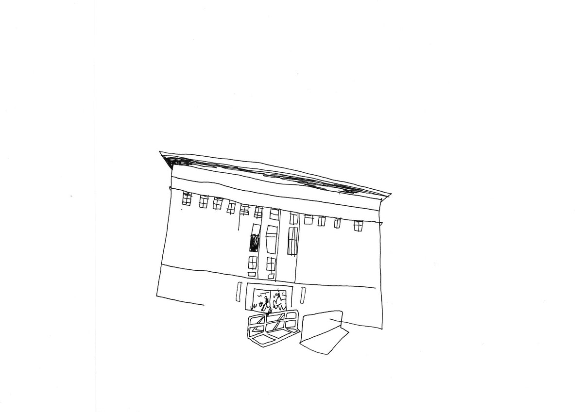 Rückseite der Zeichnung „Berghain - Impossible Nostalgia“. Die fast leere Rückseite zeigt den ersten Sketch der Fassade und der Absperrgitter am Einlass