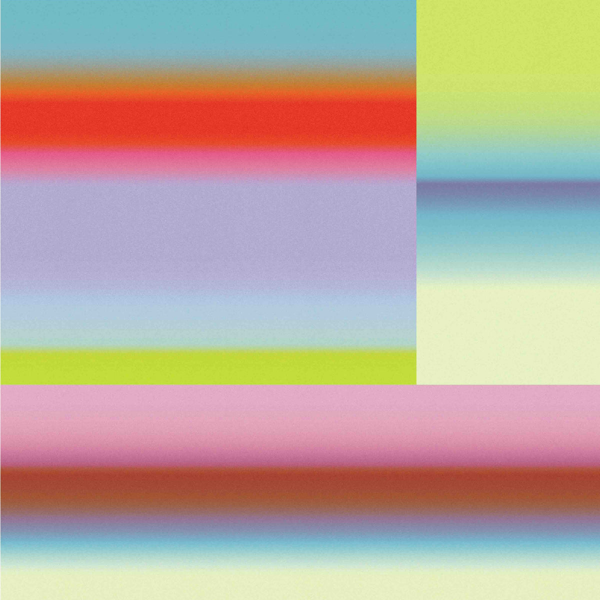 Grafik mit seriellen Farbkompositionen in hellem Grün, knallrot und blau, die sich in Streifen abwechseln. Das quadratische Bild hat keine Ausrichtung, es kann gedreht werden wie man mag.