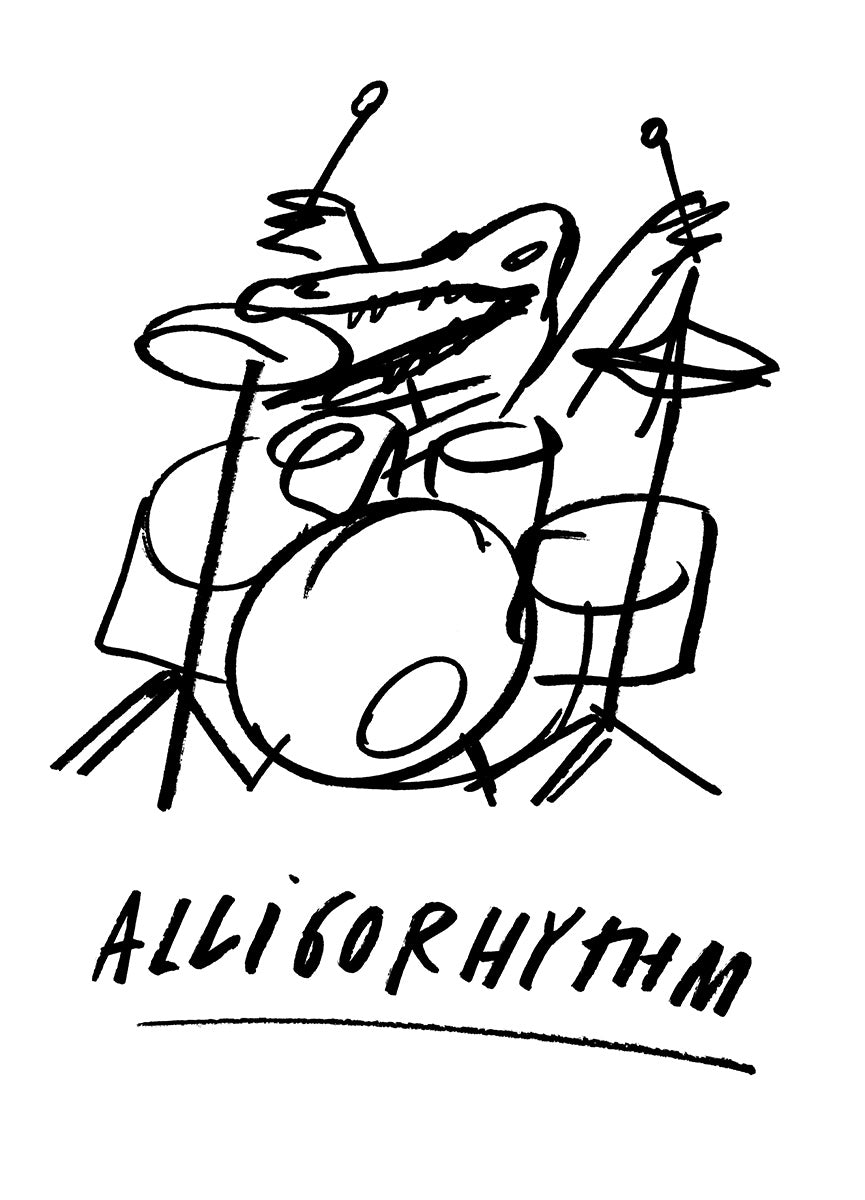 Die schwarze Zeichnung auf weißem Papier zeigt die Skizze eines Alligators, der voller Freude an einem Schlagzeug sitzt und in den erhobenen Armen die beiden Sticks hoch hält. Darunter steht das Wort „Alligatorhythm“.   