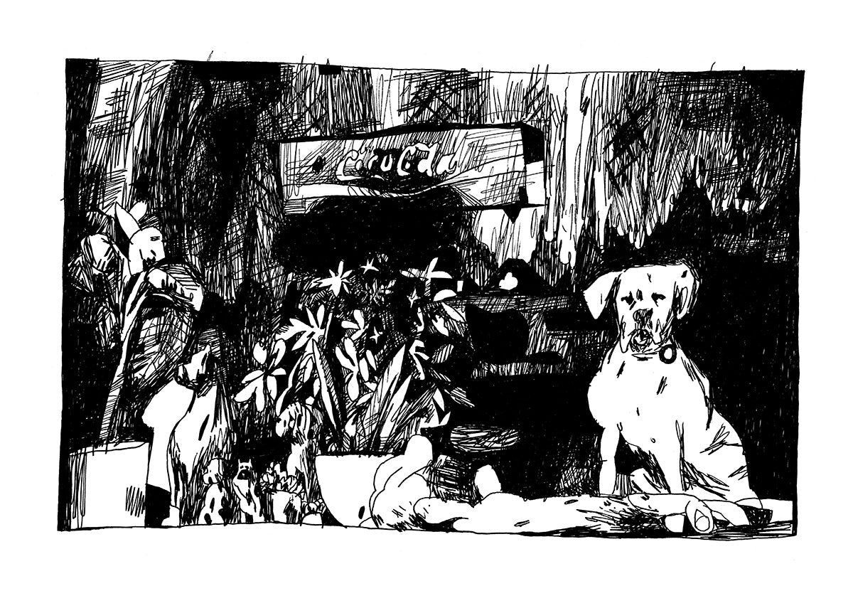 Die schwarze Strichzeichnung auf weißem Papier zeigt im Vordergrund einen sitzenden Hund und eine Reihe von Blumentöpfen mit Pflanzen. Der Hintergrund wird von schwarzen Schraffuren in unterschiedlicher Intensität strukturiert, daraus sticht ein Schild hervor, das offenbar über einer Bar hängt und auf dem sich der Markenschriftzug „Coca Cola“ erahnen lässt.    