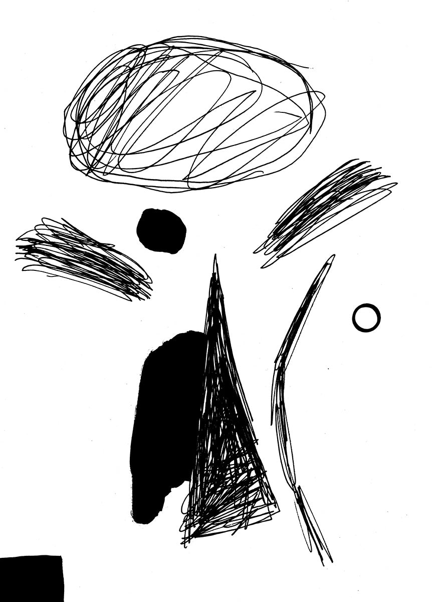 Die schwarze Zeichnung auf weißem Papier zeigt mehrere abstrakte Formen, manche mit dünnem Strich gekritzelt, zwei mit dicker schwarzer Farbe gemalt.  