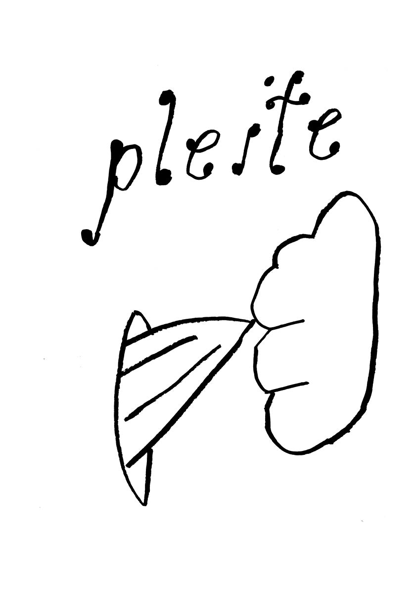 Die schwarze Linienzeichnung auf weißem Papier zeigt den Schriftzug „pleite“ und darunter eine sehr grob gezeichnete Hand, die eine leere Hosentasche aus der Hose zieht. 